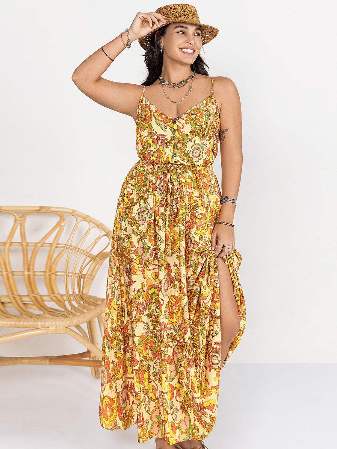 Plus Size Printed V-Neck Maxi Cami Dress Gold Casual Dresses - Tophatter Daily Deals