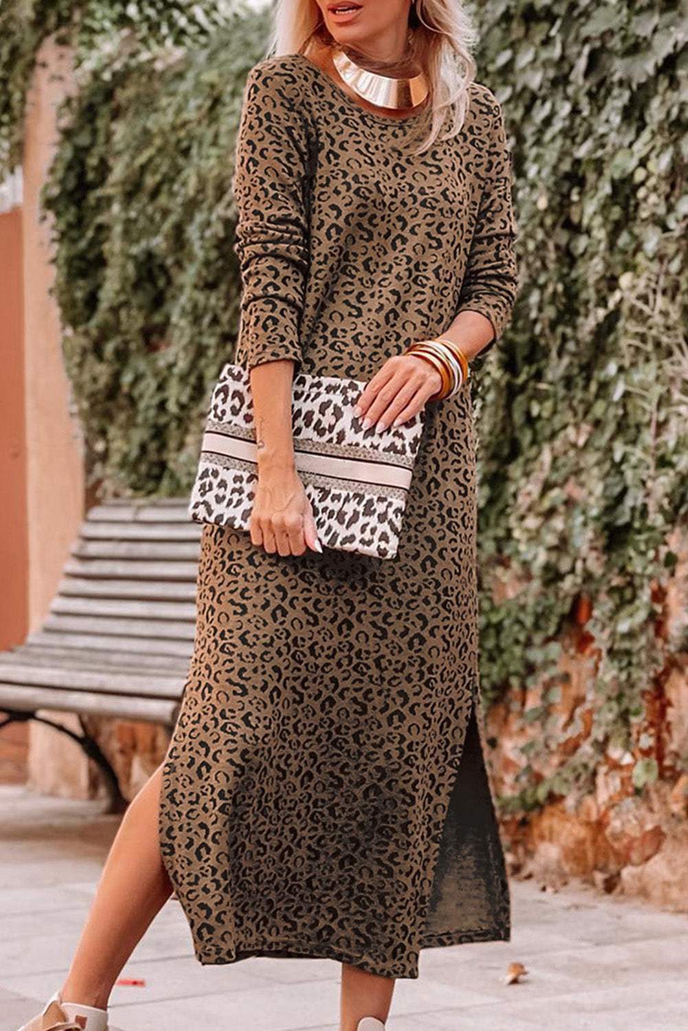 Round Neck Leopard Print Long Sleeve Slit Dress Leopard Casual Dresses - Tophatter Daily Deals