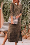 Round Neck Leopard Print Long Sleeve Slit Dress Leopard Casual Dresses - Tophatter Daily Deals