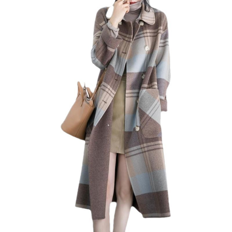 Warm Women's Checked Wool Mid-Length Coat - Double-Breasted 3D Changing Face Moving Picture Frame - Tophatter Daily Deals