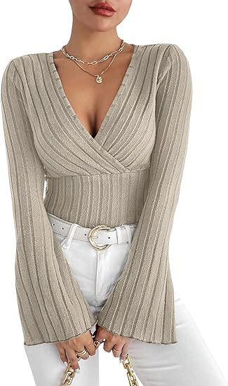 Stretchy Women’s Long Sleeve Top - V Neck, Ribbed Knit Khaki 3D Changing Face Moving Picture Frame - Tophatter Daily Deals