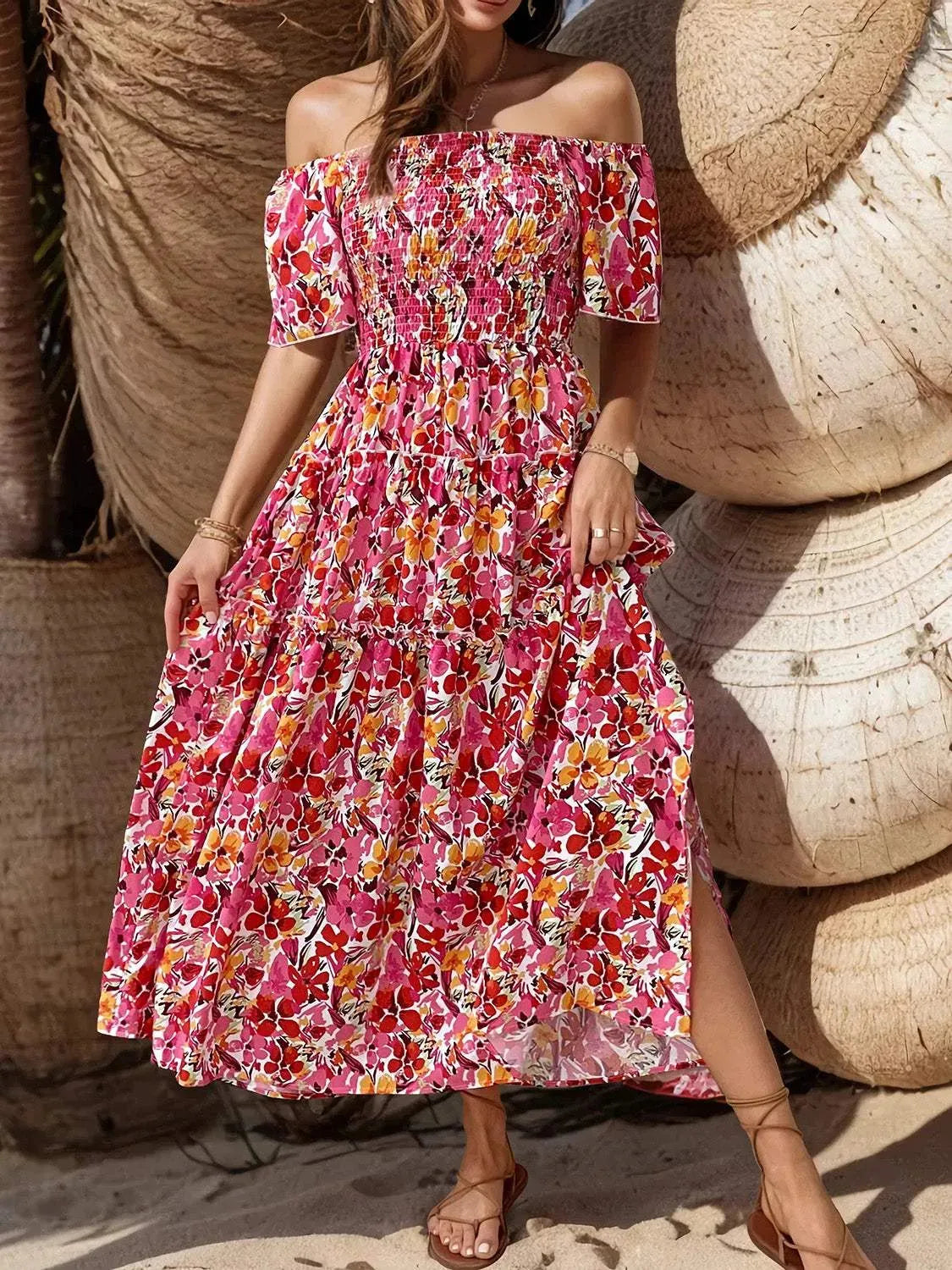 Slit Floral Off-Shoulder Short Sleeve Dress Strawberry Casual Dresses - Tophatter Daily Deals