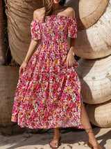 Slit Floral Off-Shoulder Short Sleeve Dress Strawberry Casual Dresses - Tophatter Daily Deals
