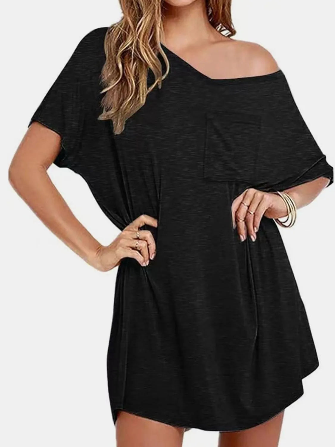 Pocketed V-Neck Short Sleeve Tee Dress Casual Dresses - Tophatter Daily Deals