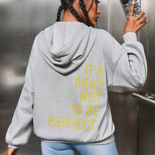 Oversized Women’s Hoodie - Relaxed Back Slogan Cotton Blend Light gray - Tophatter Daily Deals