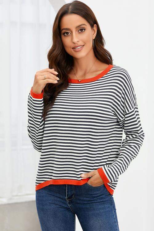 Striped Round Neck Drop Shoulder T-Shirt Stripe Blouses - Tophatter Daily Deals