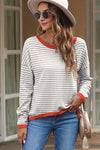 Striped Round Neck Drop Shoulder T-Shirt Light Gray Blouses - Tophatter Daily Deals