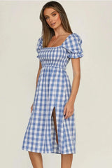 Full Size Slit Plaid Short Sleeve Midi Dress Casual Dresses - Tophatter Daily Deals