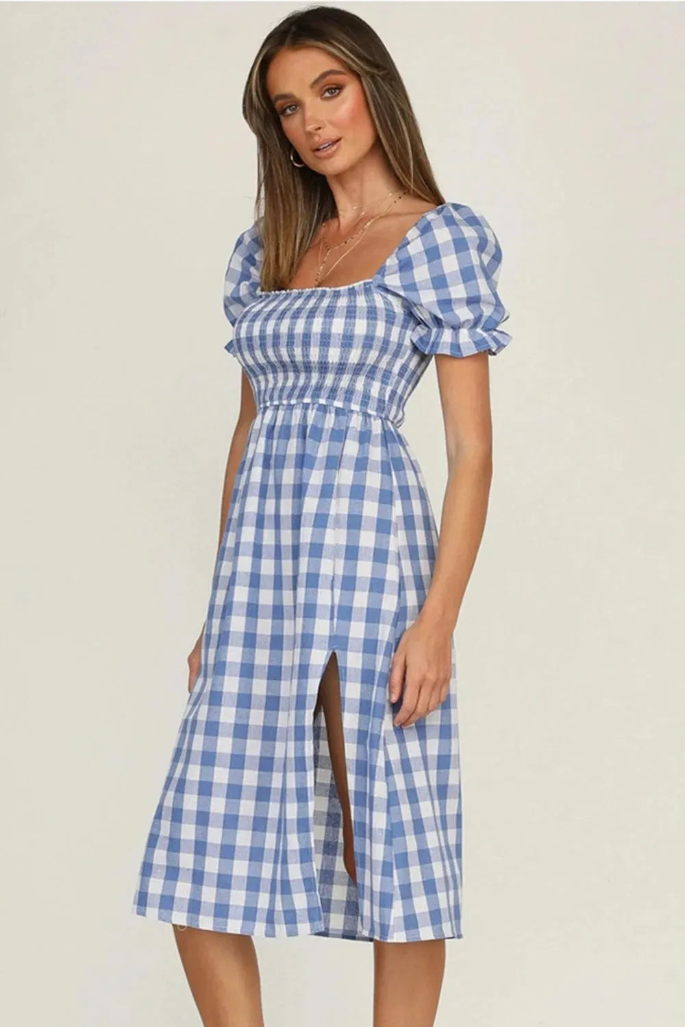 Full Size Slit Plaid Short Sleeve Midi Dress Casual Dresses - Tophatter Daily Deals