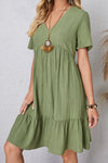 Full Size Ruched V-Neck Short Sleeve Dress Matcha Green Casual Dresses - Tophatter Daily Deals