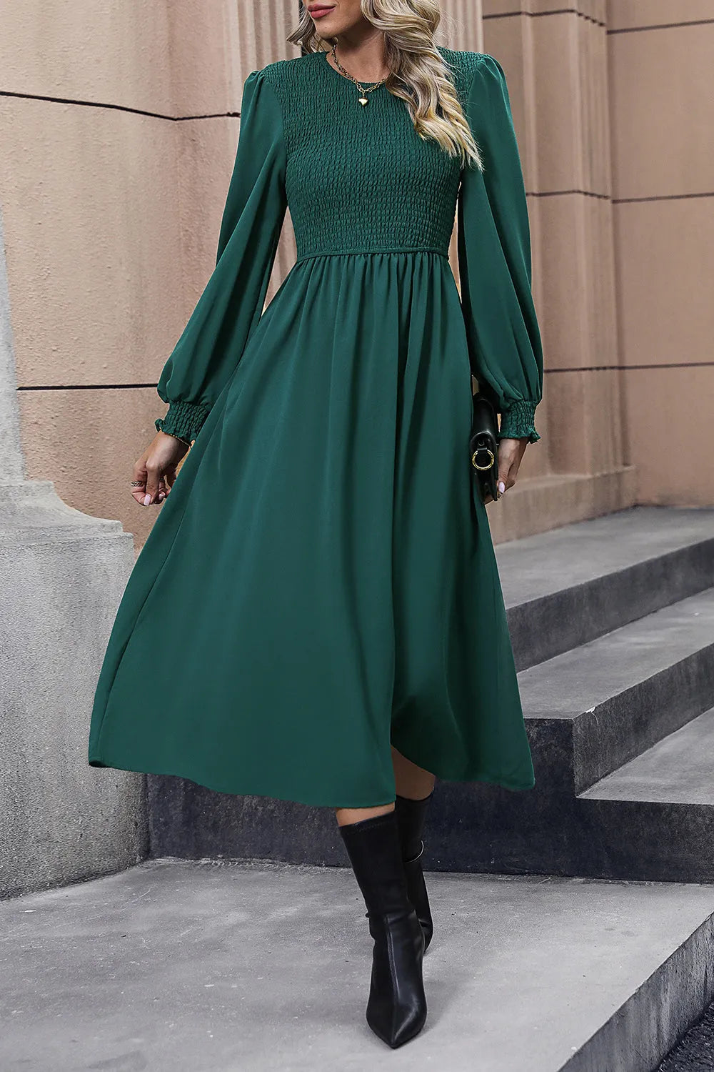 Smocked Long Sleeve Midi Dress Casual Dresses - Tophatter Daily Deals