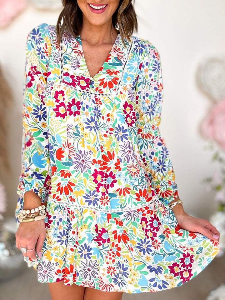 V-Neck Floral Print Long Sleeve Mini Dress Casual Dresses - Tophatter Daily Deals