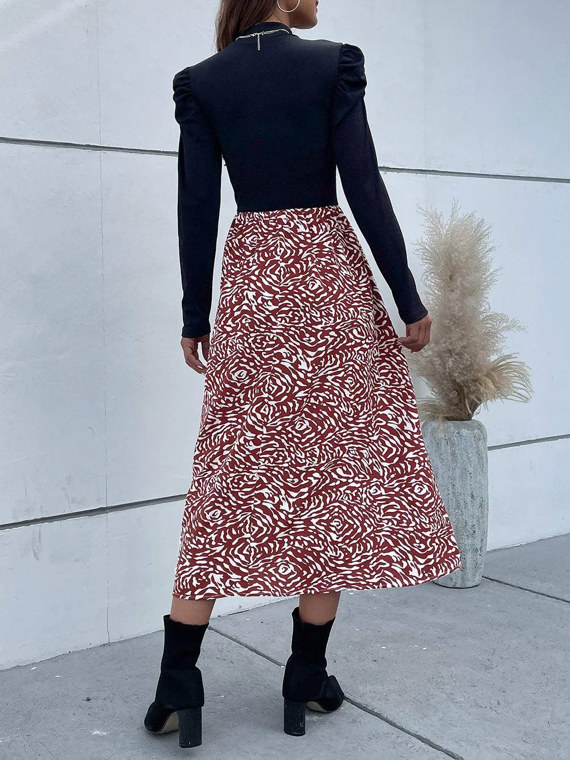 Printed Mock Neck Puff Sleeve Midi Dress Casual Dresses - Tophatter Daily Deals