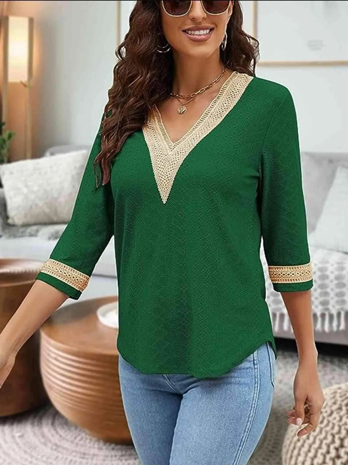 V-Neck Eyelet Blouse Mid Green Blouses - Tophatter Daily Deals