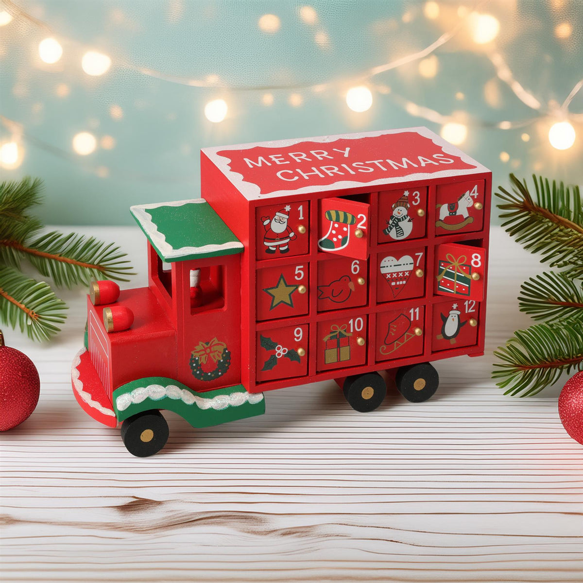 Wooden Christmas Truck Advent Calendar | Festive Red Truck with 24 Drawers 29cm Advent Calendar - Tophatter Daily Deals