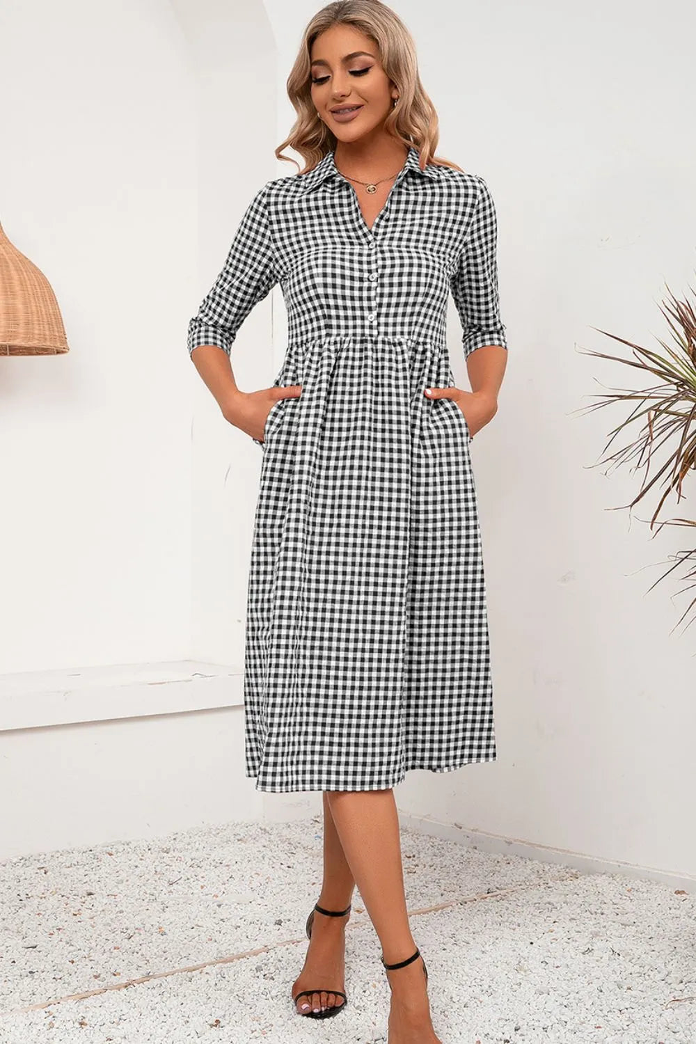 Plaid Collared Neck Midi Dress Casual Dresses - Tophatter Daily Deals