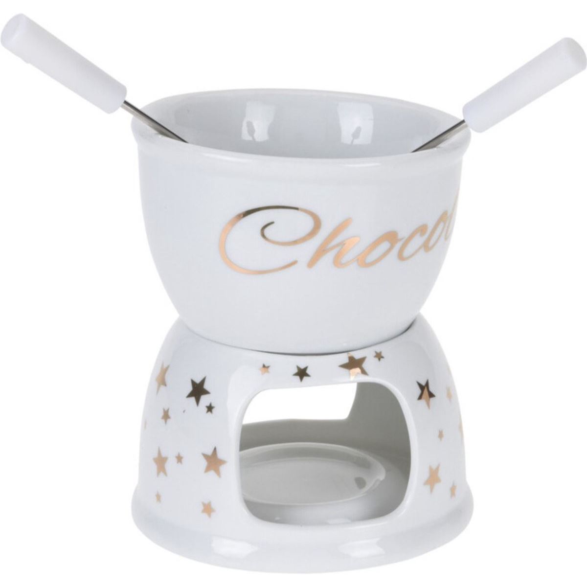 Chocolate Fondue Set | White Ceramic Tea Light Candle Fondue Pot with 2 Forks Fondue Set - Tophatter Daily Deals