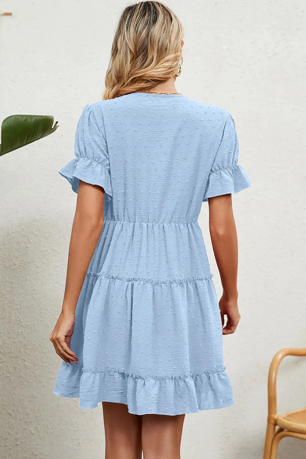 Swiss Dot V-Neck Flounce Sleeve Mini Dress Casual Dresses - Tophatter Daily Deals