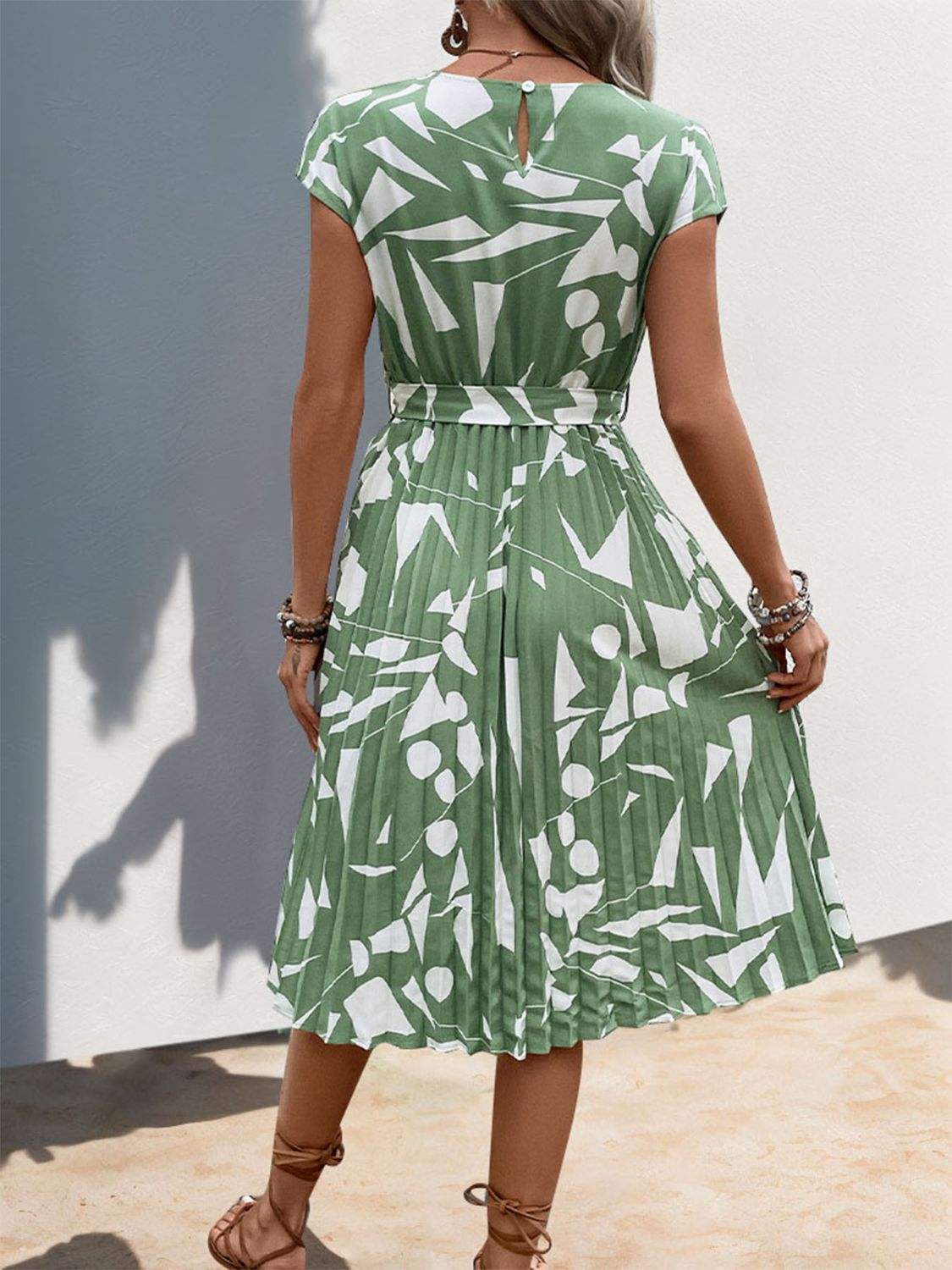 Tied Pleated Printed Cap Sleeve Dress - Tophatter Deals