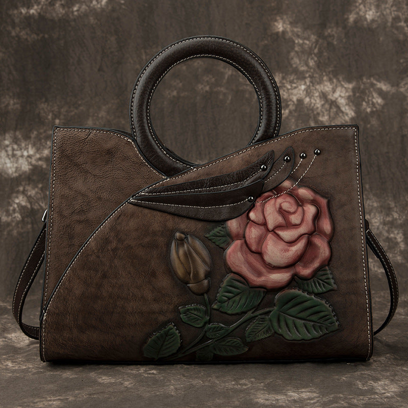 Beautiful Red embroidered Handmade leather handbag Coffee 0 - Tophatter Daily Deals