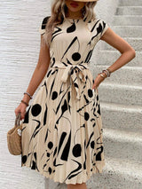 Tied Pleated Printed Cap Sleeve Dress Casual Dresses - Tophatter Daily Deals