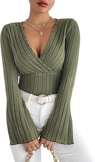 Stretchy Women’s Long Sleeve Top - V Neck, Ribbed Knit Army Green 3D Changing Face Moving Picture Frame - Tophatter Daily Deals
