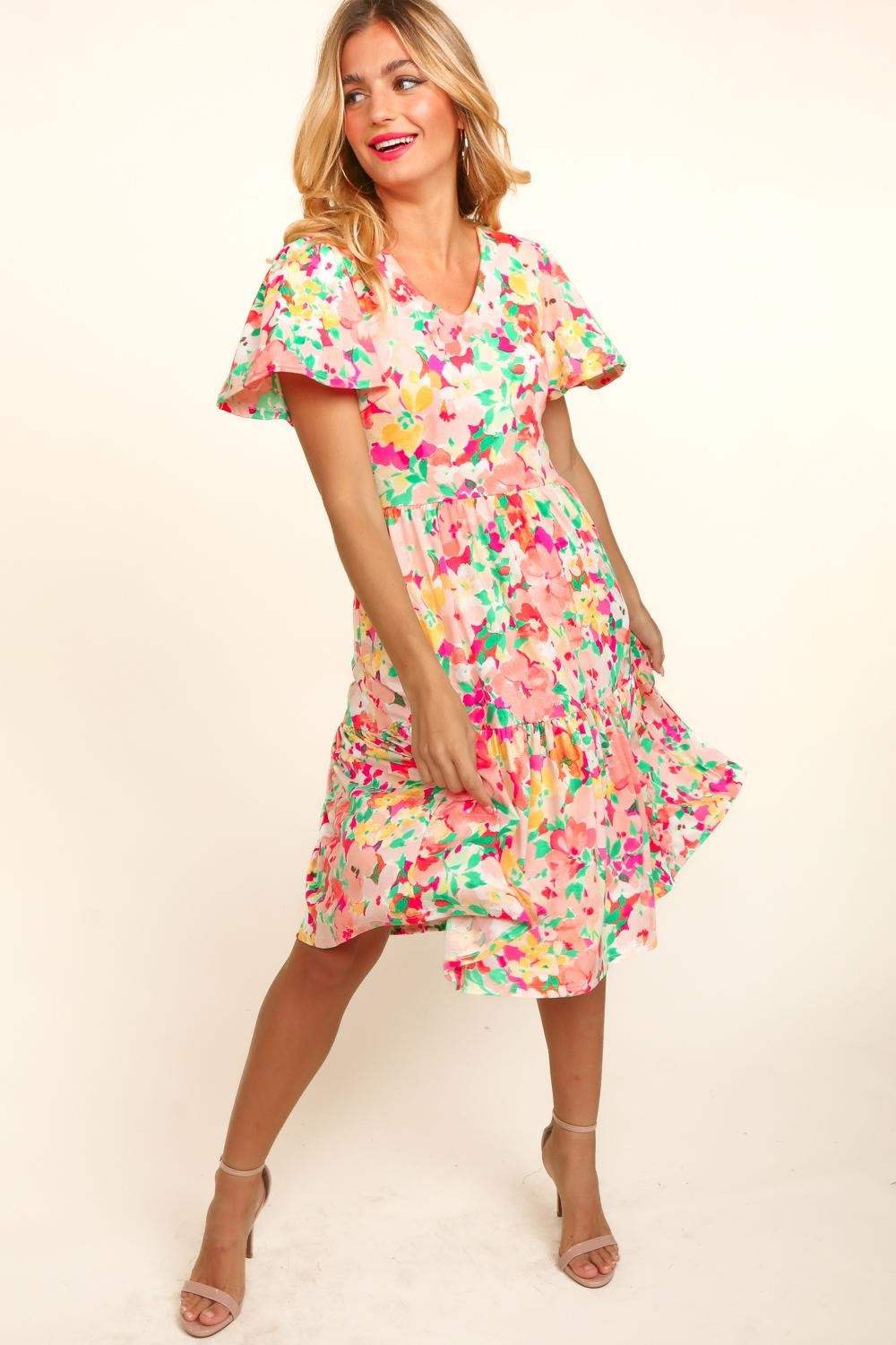 Haptics Tiered Floral Midi Dress with Pockets Casual Dresses - Tophatter Daily Deals