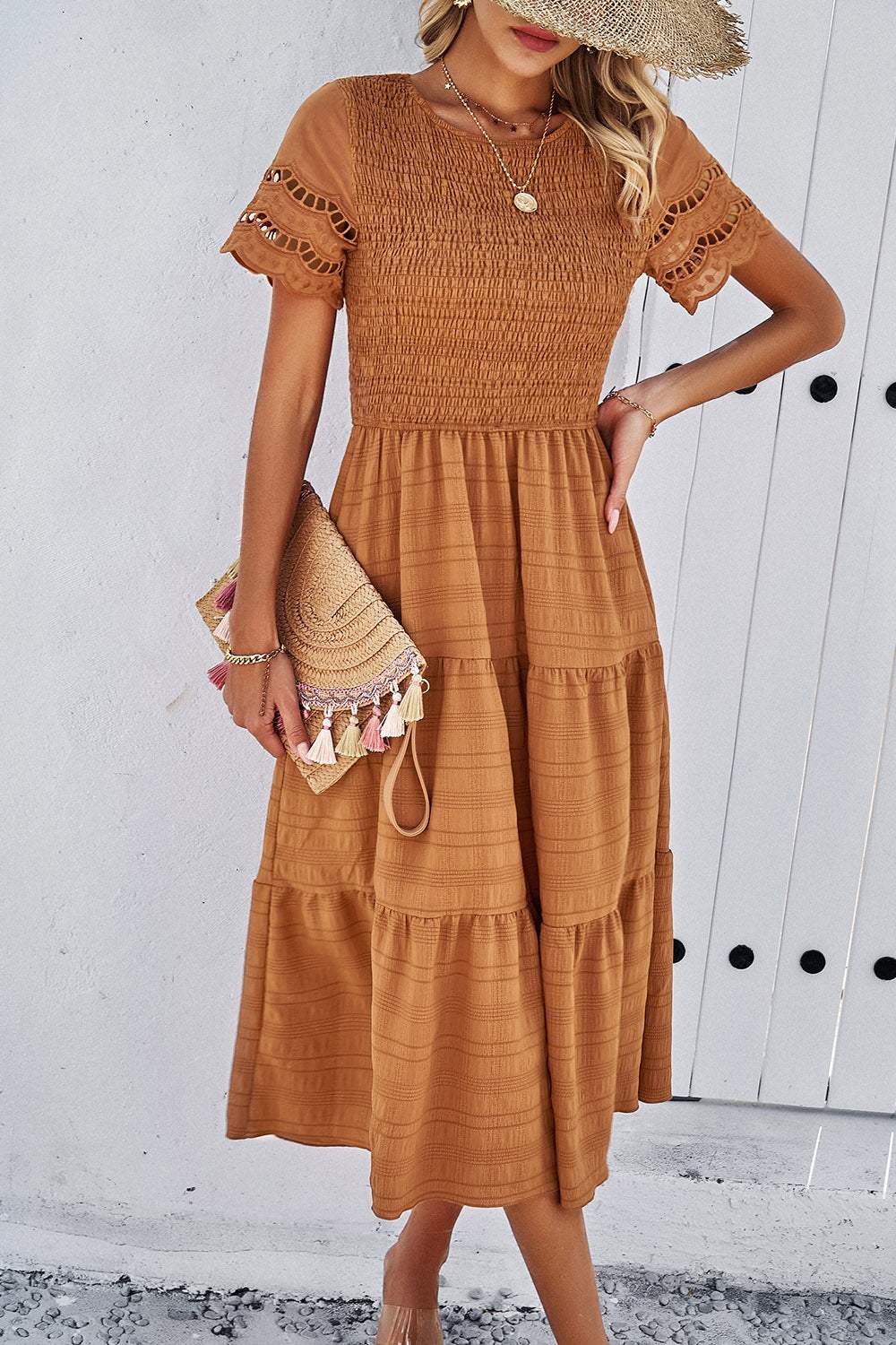 Smocked Round Neck Short Sleeve Midi Dress Casual Dresses - Tophatter Daily Deals