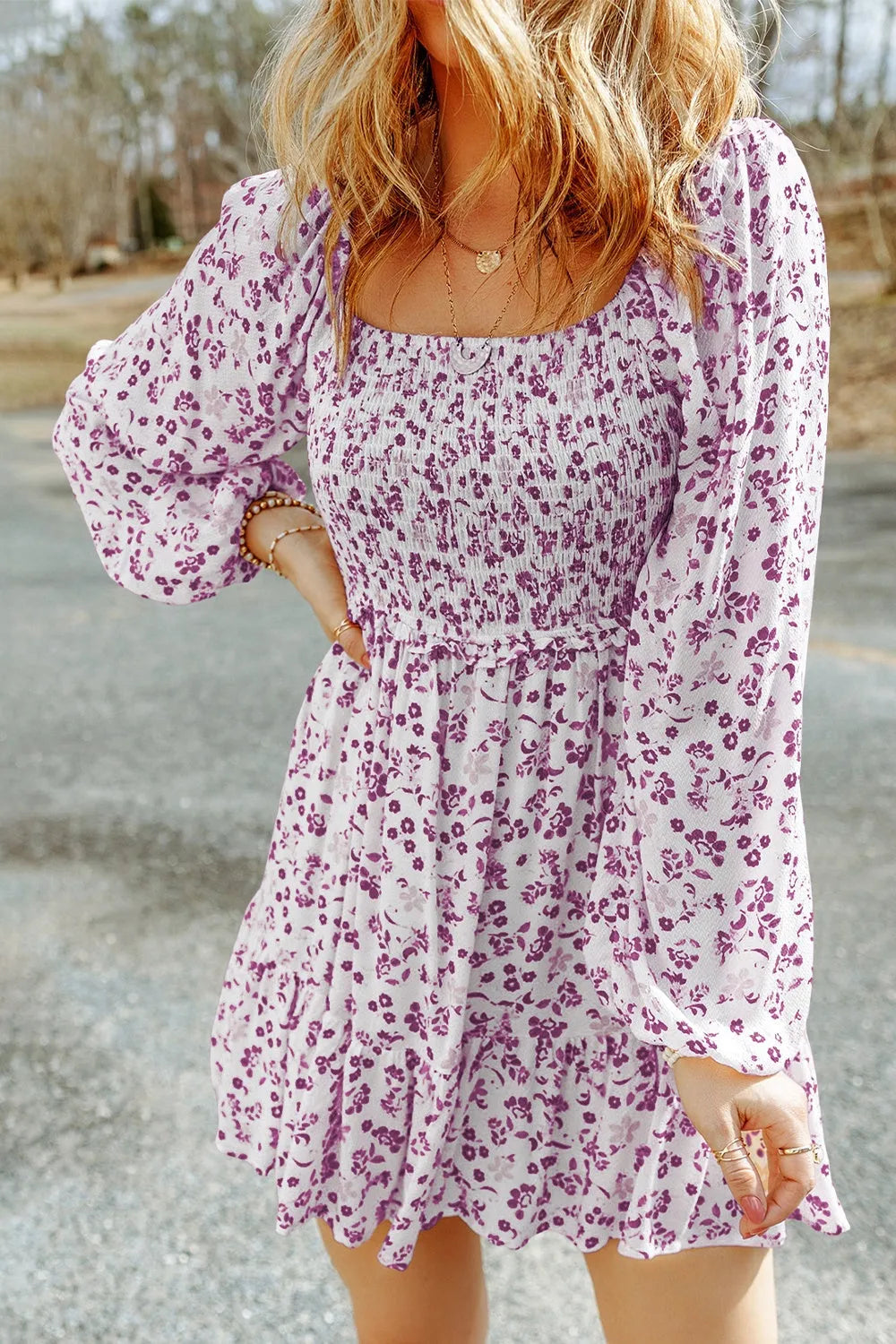 Smocked Floral Square Neck Balloon Sleeve Dress Violet Casual Dresses - Tophatter Daily Deals