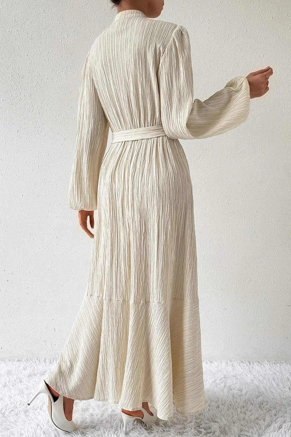 Tied Button Up Balloon Sleeve Dress Casual Dresses - Tophatter Daily Deals