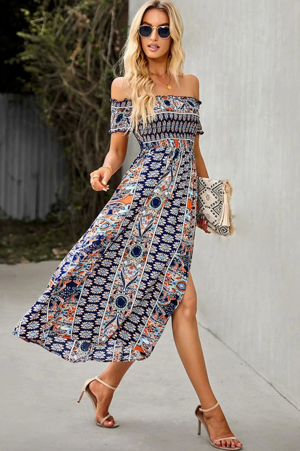 Bohemian Off-Shoulder Frill Trim Split Dress Casual Dresses - Tophatter Daily Deals