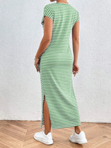 Tied Striped Round Neck Short Sleeve Tee Dress Gum Leaf Casual Dresses - Tophatter Daily Deals