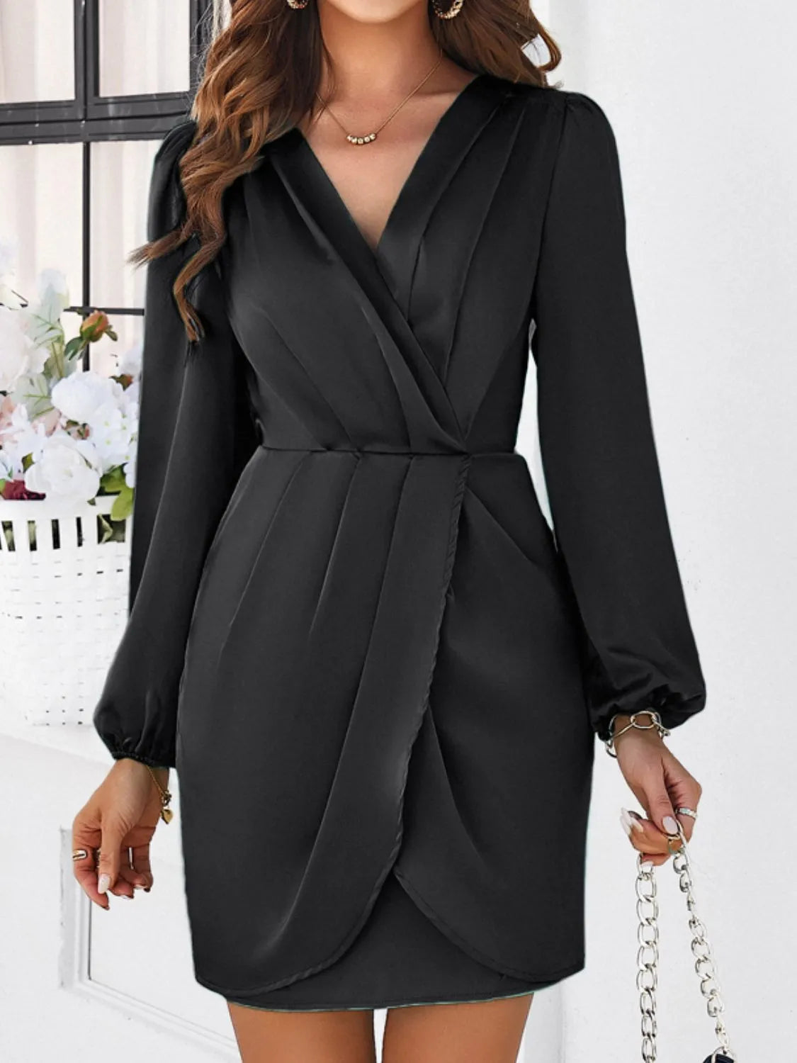 Ruched Surplice Long Sleeve Mini Dress Casual Dresses - Tophatter Daily Deals