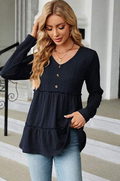 Frill V-Neck Long Sleeve T-Shirt Navy Women's T-Shirts - Tophatter Daily Deals