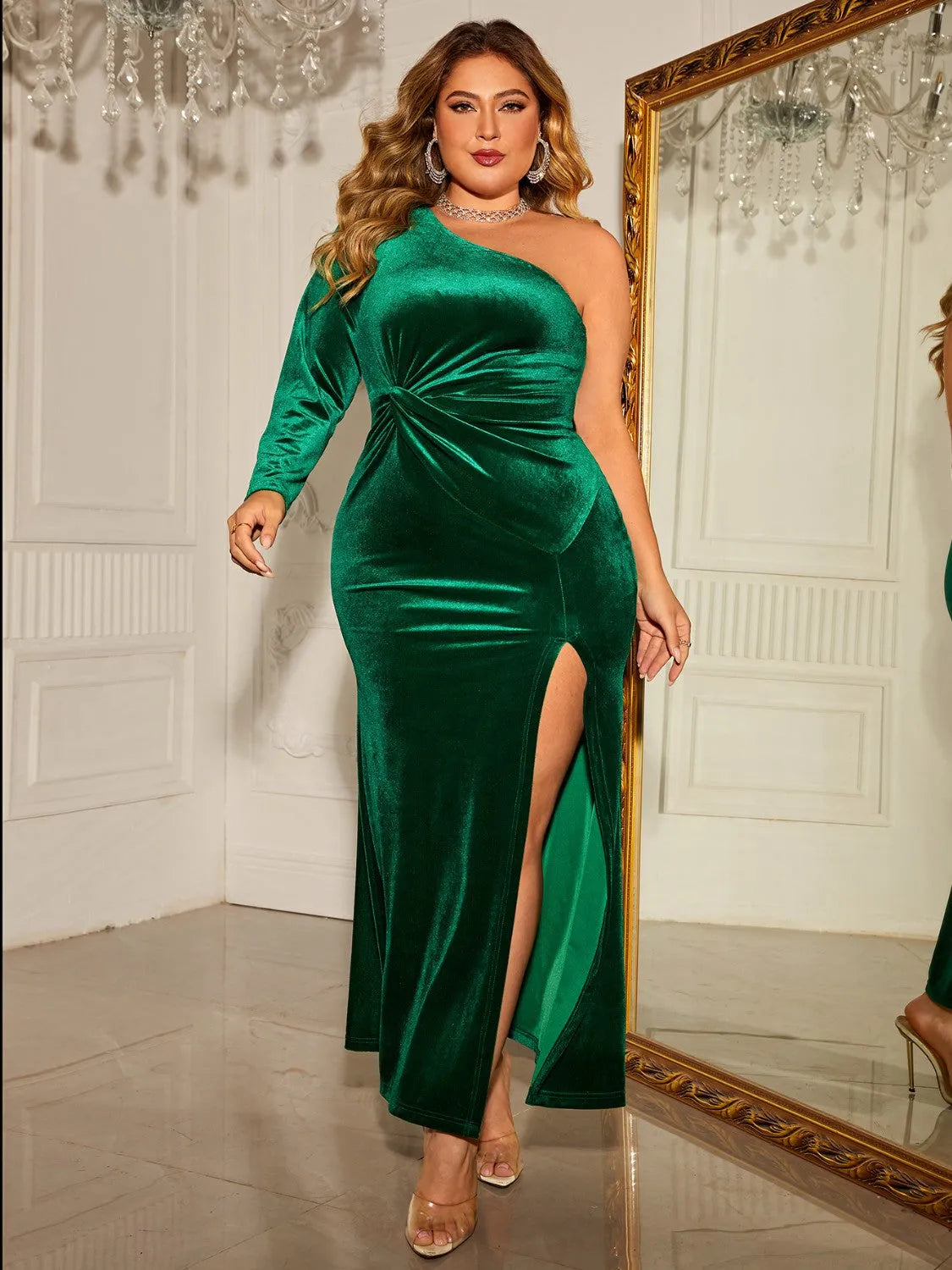 Plus Size One-Shoulder Twisted Split Dress Green Cocktail Dresses - Tophatter Daily Deals