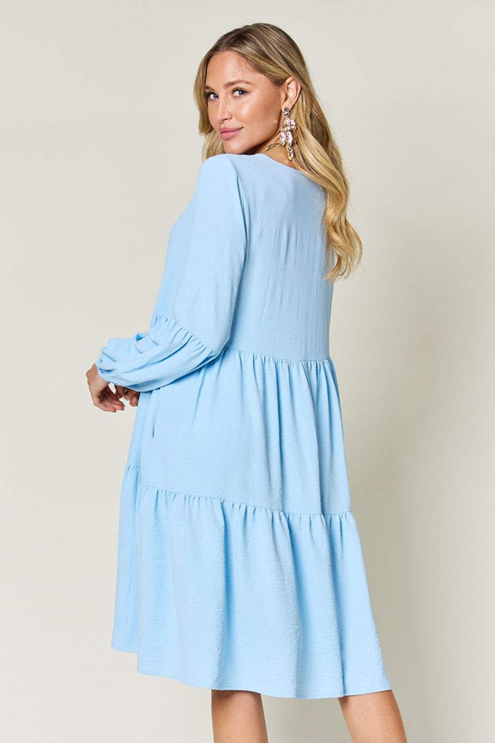 Double Take Full Size V-Neck Balloon Sleeve Tiered Dress Casual Dresses - Tophatter Daily Deals