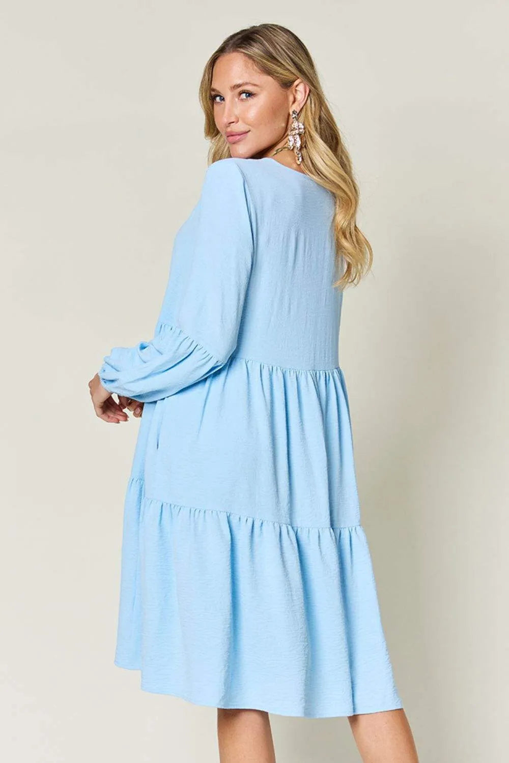 Double Take Full Size V-Neck Balloon Sleeve Tiered Dress Casual Dresses - Tophatter Daily Deals