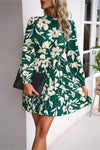 Floral Mock Neck Tie Waist Pleated Dress Green Casual Dresses - Tophatter Daily Deals