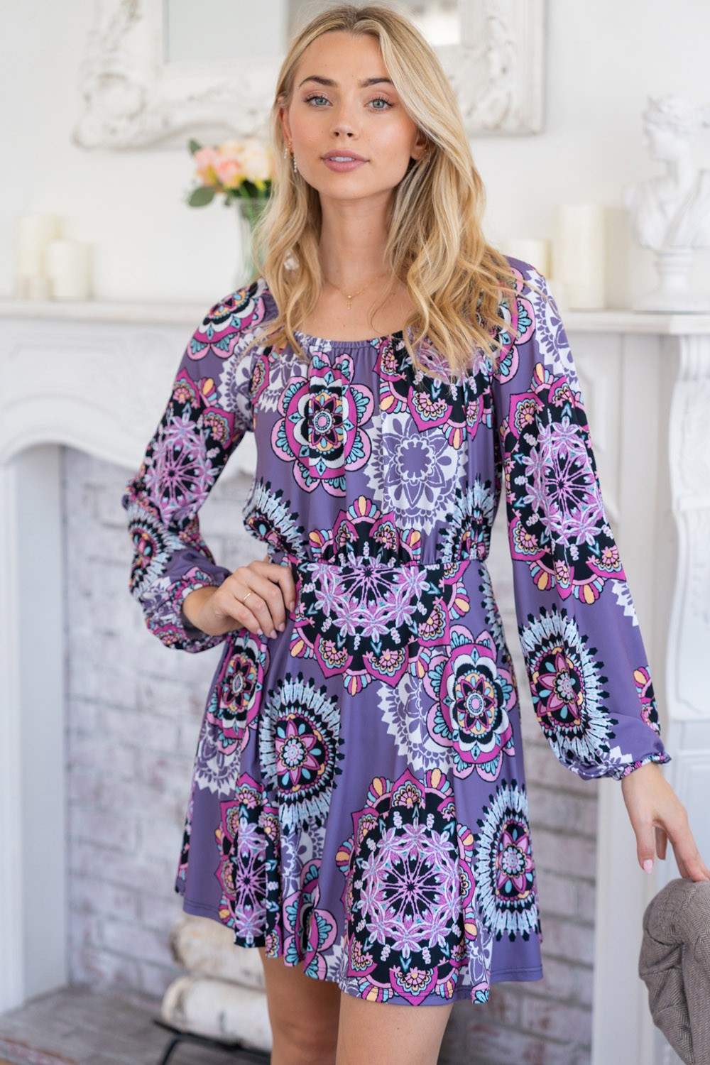 White Birch Printed Long Sleeve Mini Dress with Short Liner Casual Dresses - Tophatter Daily Deals