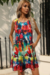 Printed Round Neck Sleeveless Dress with Pockets Multicolor Casual Dresses - Tophatter Daily Deals