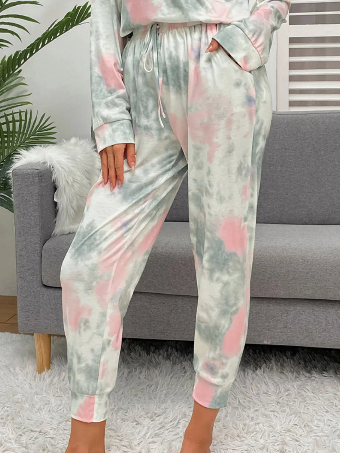 Tie-Dye Round Neck Top and Drawstring Pants Lounge Set Loungewear Sets - Tophatter Daily Deals