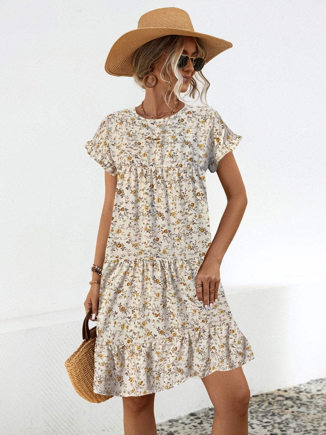 Frill Floral Round Neck Short Sleeve Tiered Dress Sand Casual Dresses - Tophatter Daily Deals