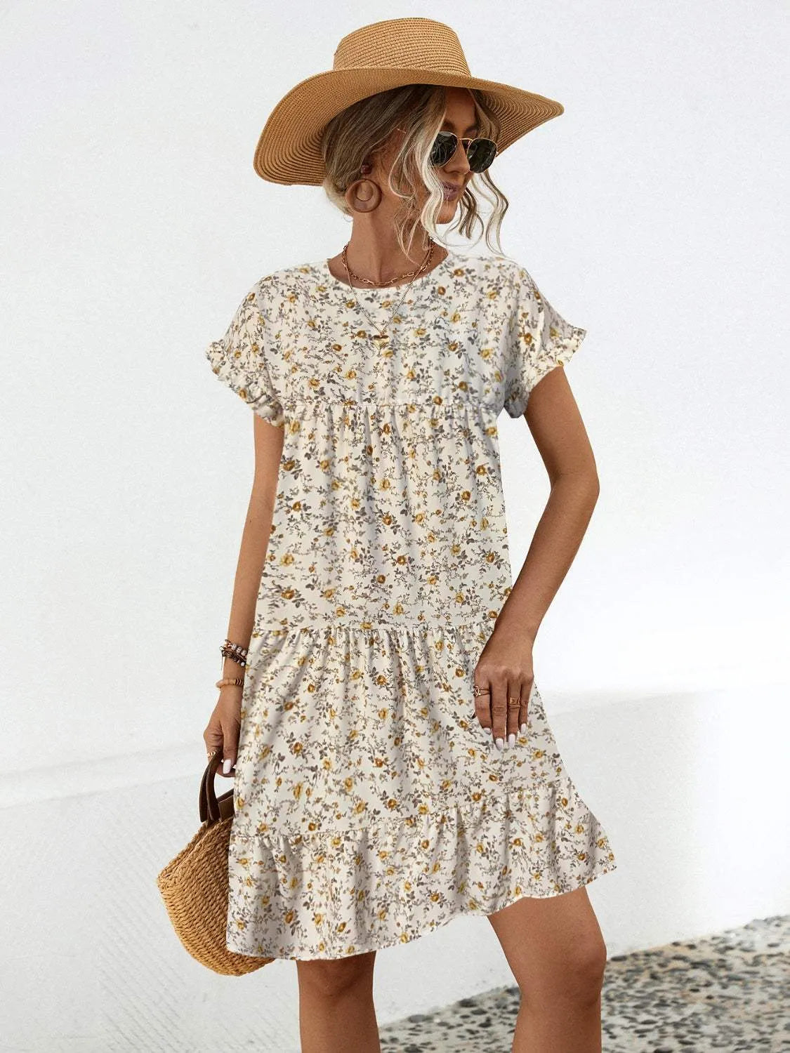 Frill Floral Round Neck Short Sleeve Tiered Dress Sand Casual Dresses - Tophatter Daily Deals