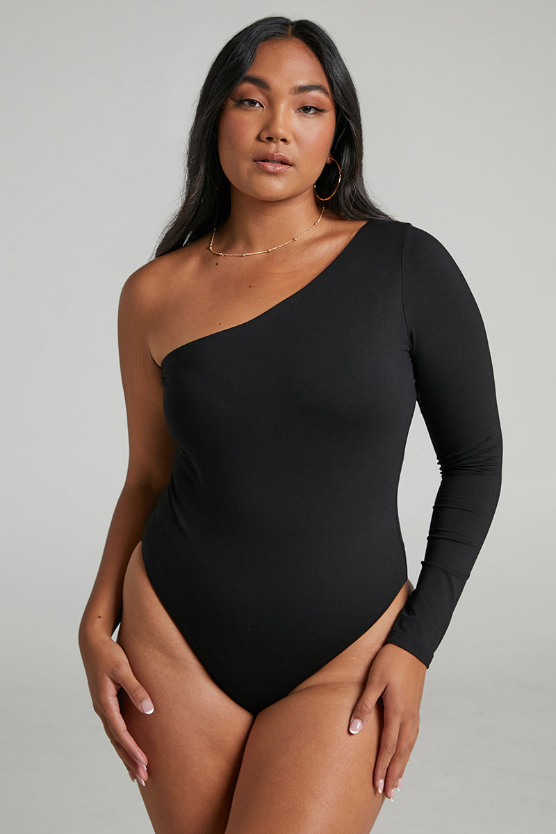 One Shoulder Bodysuit Black Tops - Tophatter Daily Deals