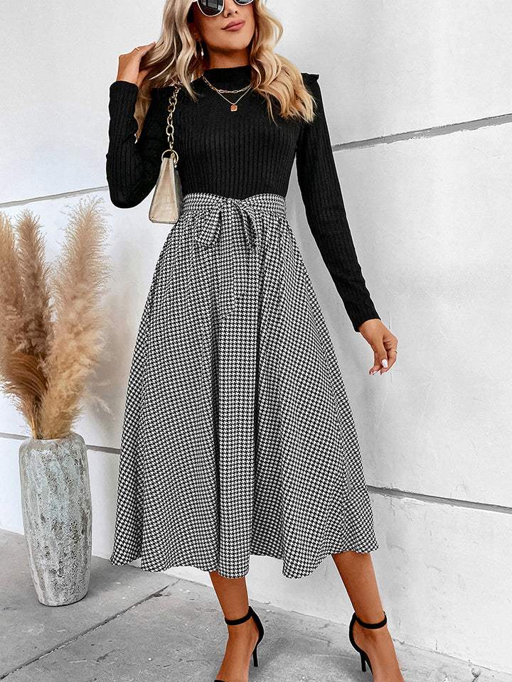 Ribbed Round Neck Long Sleeve Tie Waist Midi Dress Black Casual Dresses - Tophatter Daily Deals