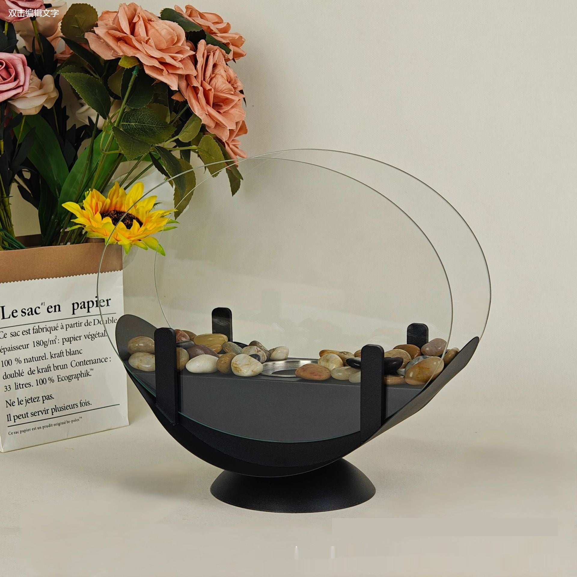 Alcohol Fireplace Lamp Indoor Real Fire Heating Atmosphere Desktop Oval Oval Black Pebble Head 0 - Tophatter Daily Deals