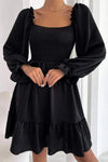 Smocked Square Neck Flounce Sleeve Mini Dress Black Casual Dresses - Tophatter Daily Deals