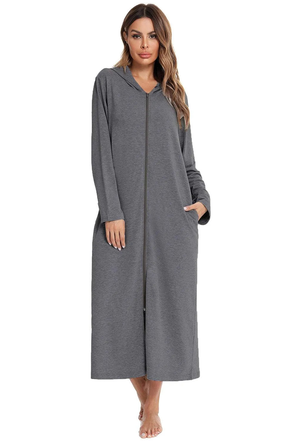 Zip Front Hooded Night Dress with Pockets Sleep Dresses - Tophatter Daily Deals