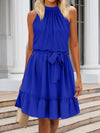 Ruched Grecian Neck Tie Waist Mini Dress Royal Blue Casual Dresses - Tophatter Daily Deals