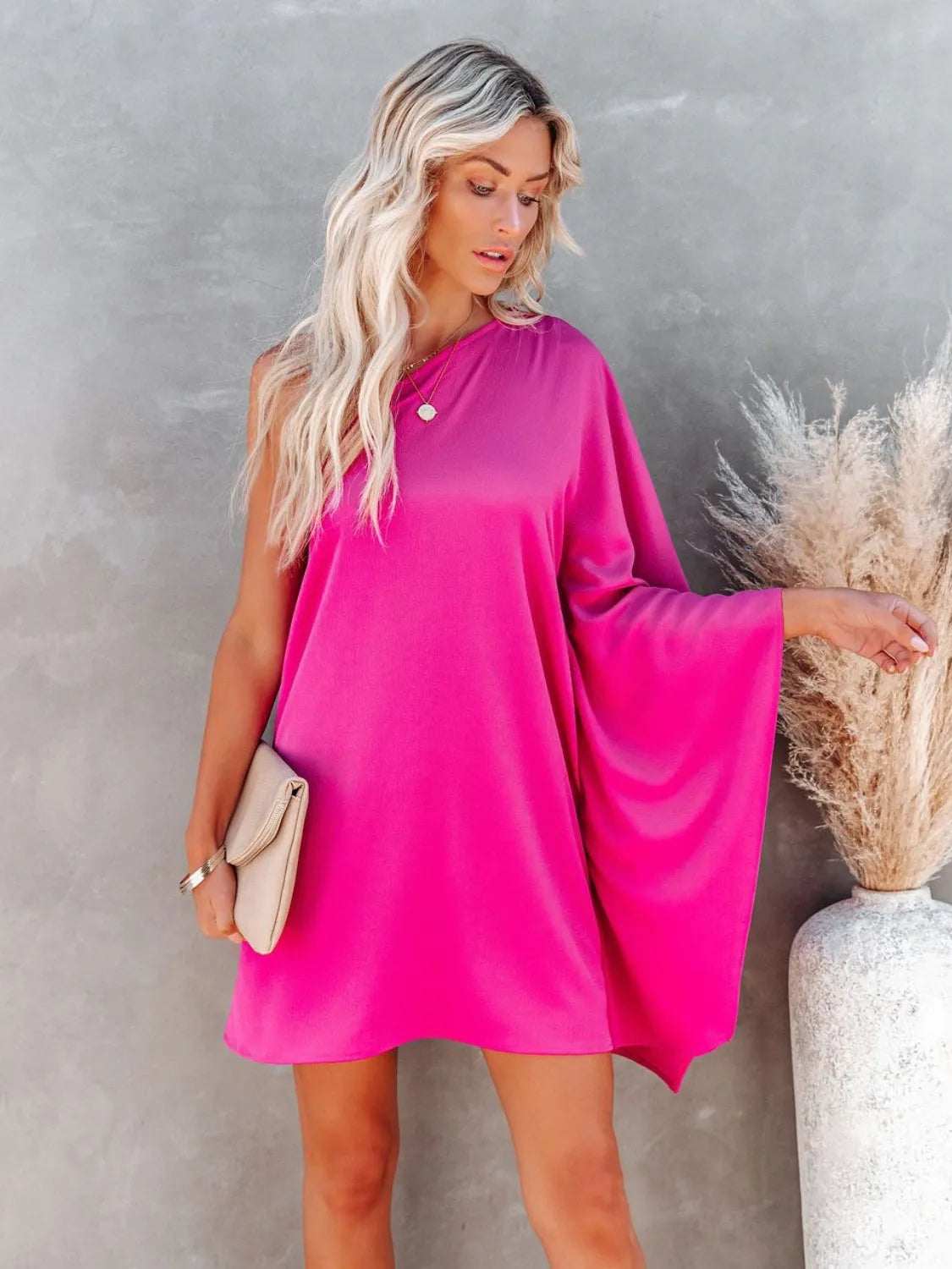 Single Shoulder Kimono Sleeve Mini Dress Casual Dresses - Tophatter Daily Deals